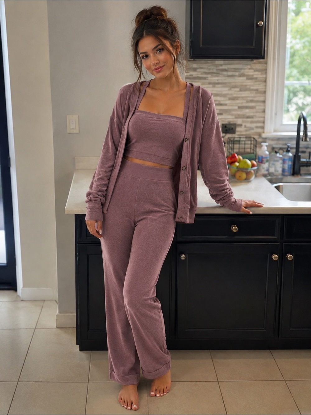 WinWin Mauve Ribbed Two-Piece Loungewear Set